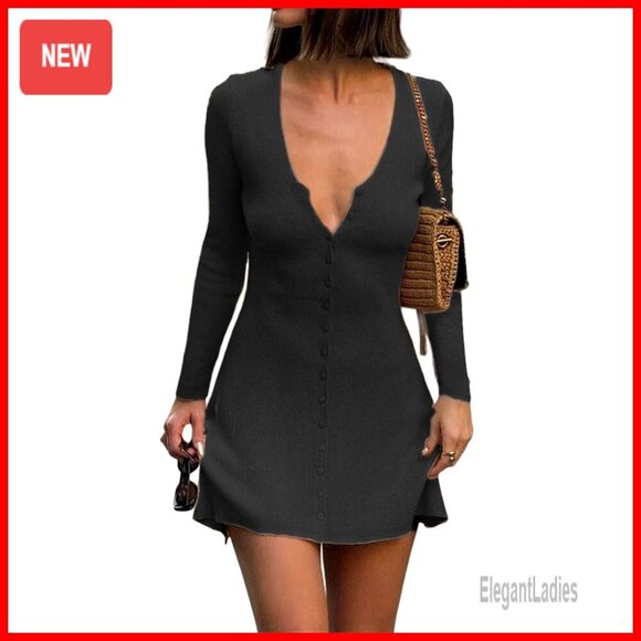 Dresses & Skirts - Long Sleeve Ribbed Knit Mini Dress Button Front Deep V Neck A-Line